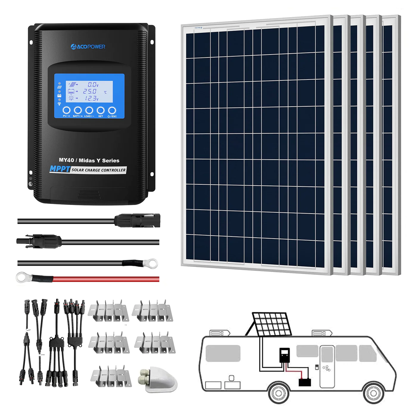 ACOPOWER 12V Polycrystalline Solar RV Kits + MPPT / PWM Charge Controller - 100W PWM20A
